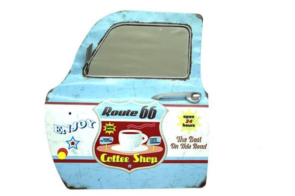 Dekoratif Route 66 CoffeeTemalı Mavi Araba Kapısı Ayna - Resim 2