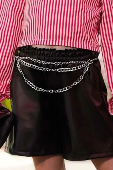 Kız Çocuk Sırtı Düğme Detaylı Çizgili Bluz Deri Şortlu Takım - Resim 7