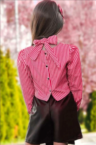 Kız Çocuk Sırtı Düğme Detaylı Çizgili Bluz Deri Şortlu Takım - Resim 5