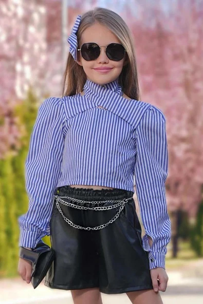 Kız Çocuk Sırtı Düğme Detaylı Çizgili Mavi Bluz Deri Şortlu Takım - Resim 4