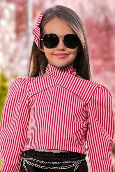 Kız Çocuk Sırtı Düğme Detaylı Çizgili Bluz Deri Şortlu Takım - Resim 6