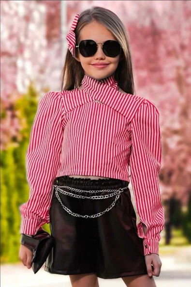 Kız Çocuk Sırtı Düğme Detaylı Çizgili Bluz Deri Şortlu Takım - Resim 4