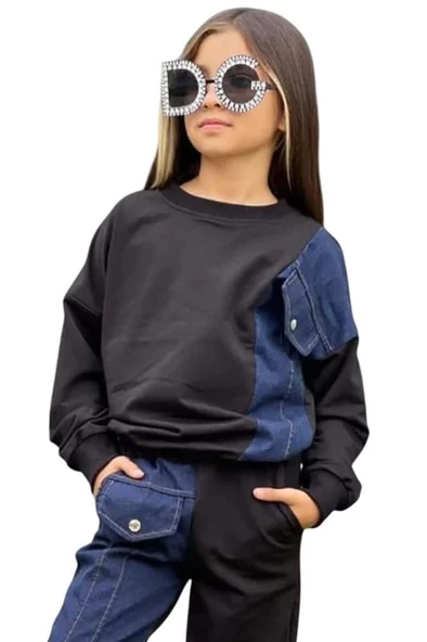 Kız Çocuk Kot Detaylı Cepli Aplike Siyah Eşofman Takım - Resim 6