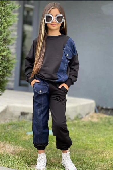 Kız Çocuk Kot Detaylı Cepli Aplike Siyah Eşofman Takım - Resim 12