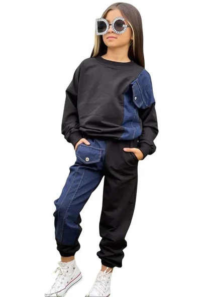 Kız Çocuk Kot Detaylı Cepli Aplike Siyah Eşofman Takım - Resim 5