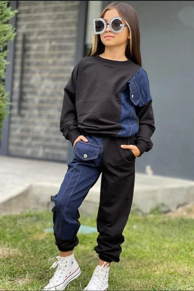 Kız Çocuk Kot Detaylı Cepli Aplike Siyah Eşofman Takım - Resim 8