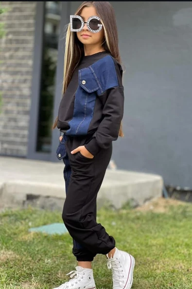 Kız Çocuk Kot Detaylı Cepli Aplike Siyah Eşofman Takım - Resim 11