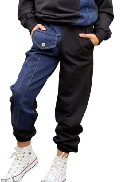 Kız Çocuk Kot Detaylı Cepli Aplike Siyah Eşofman Takım - Resim 7