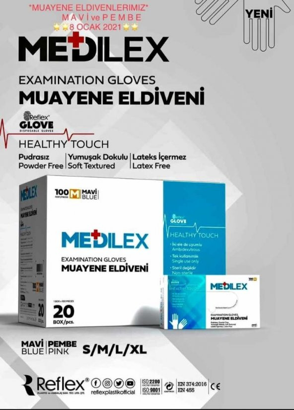 Reflex Medilex Muayene Eldiveni Beden: L/XL Large/X-Large 1 koli 20 kutu