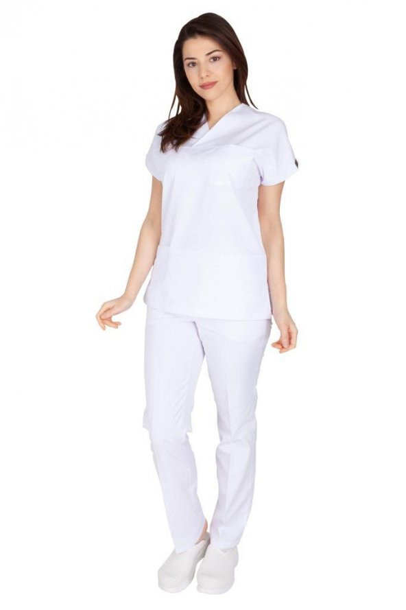 Kadın Doktor Hemşire Forması Scrubs Alpaka Kumaş Hastane Nöbet Takımı (Zarf Yaka Yarasa Kol) - 3