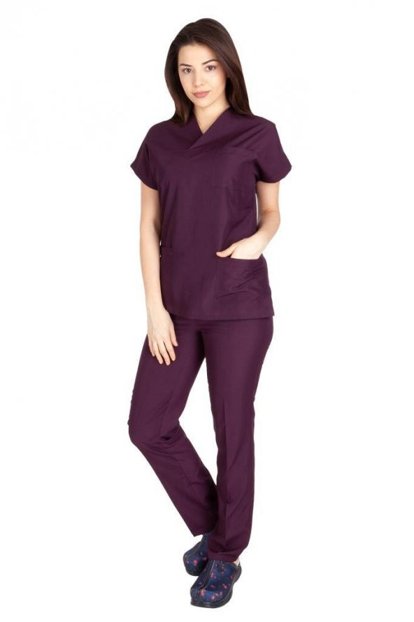 Kadın Doktor Hemşire Forması Scrubs Alpaka Kumaş Hastane Nöbet Takımı (Zarf Yaka Yarasa Kol) - 5