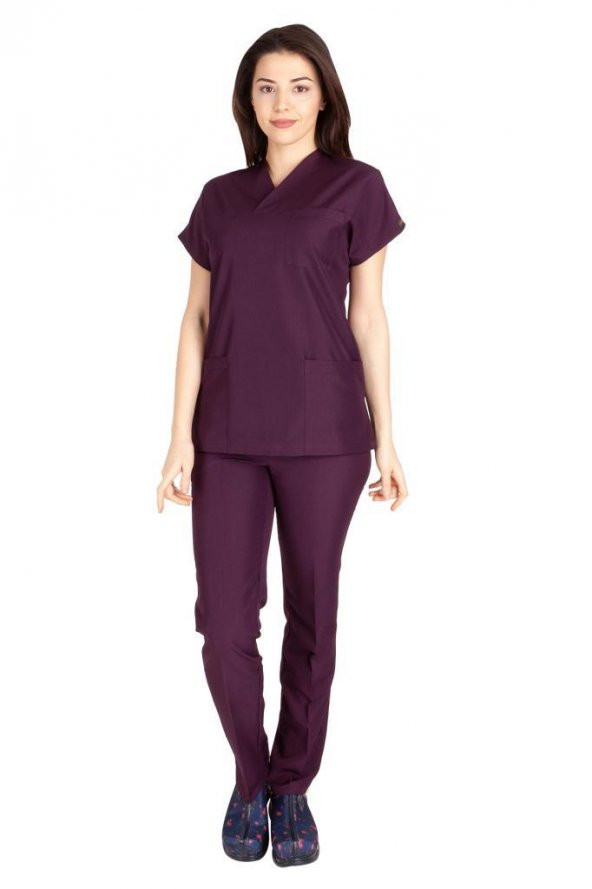 Kadın Doktor Hemşire Forması Scrubs Alpaka Kumaş Hastane Nöbet Takımı (Zarf Yaka Yarasa Kol) - 6