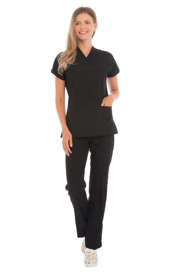 Kadın Doktor Hemşire Forması Scrubs Alpaka Kumaş Hastane Nöbet Takımı (Zarf Yaka Yarasa Kol) - 7