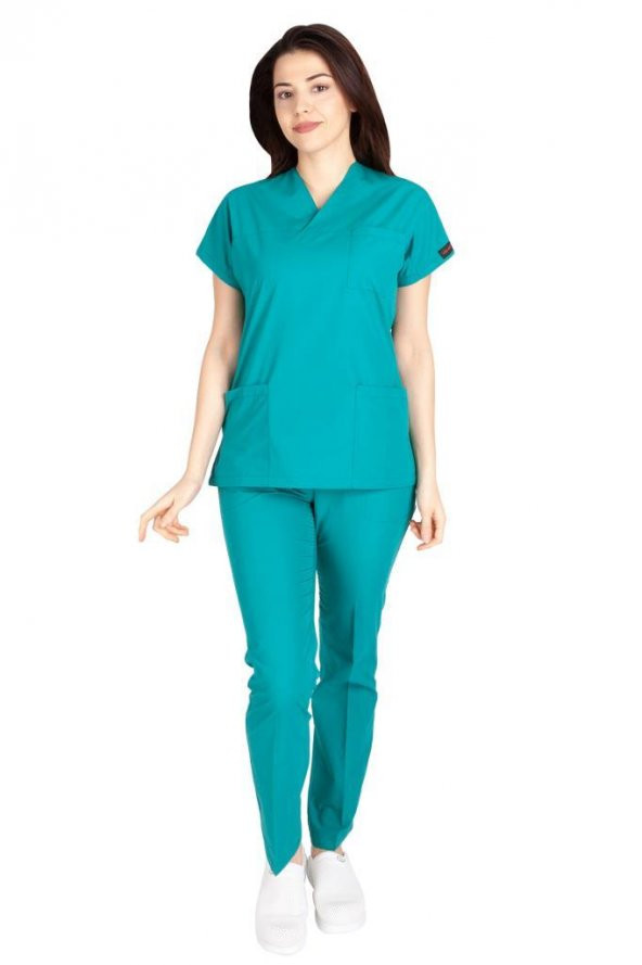 Kadın Doktor Hemşire Forması Scrubs Alpaka Kumaş Hastane Nöbet Takımı (Zarf Yaka Yarasa Kol) - 10