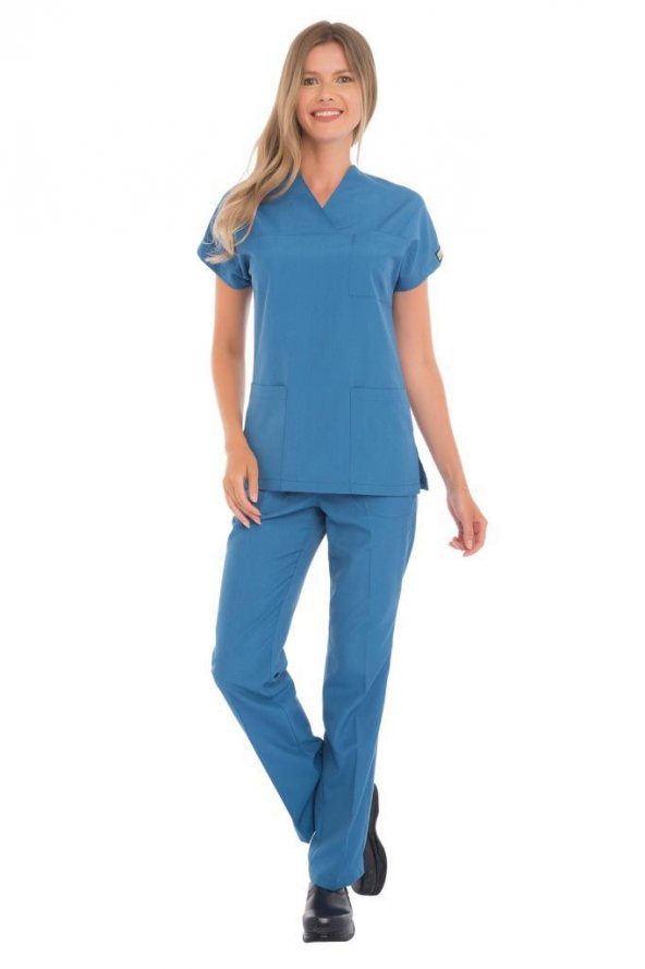 Kadın Doktor Hemşire Forması Scrubs Alpaka Kumaş Hastane Nöbet Takımı (Zarf Yaka Yarasa Kol) - 12