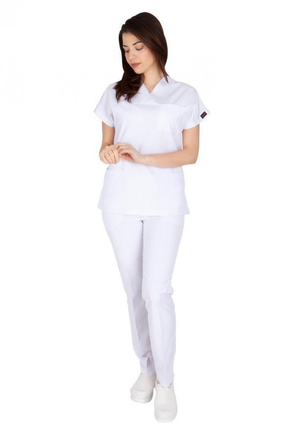 Kadın Doktor Hemşire Forması Scrubs Alpaka Kumaş Hastane Nöbet Takımı (Zarf Yaka Yarasa Kol) - 4