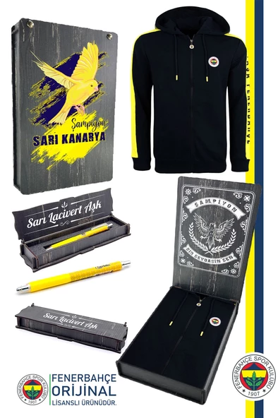 Fenerbahçe Orijinal Lisanslı Kapüşonlu Tam Fermuar Spor Sweat + Kalem Set Özel Ahşap Kutulu