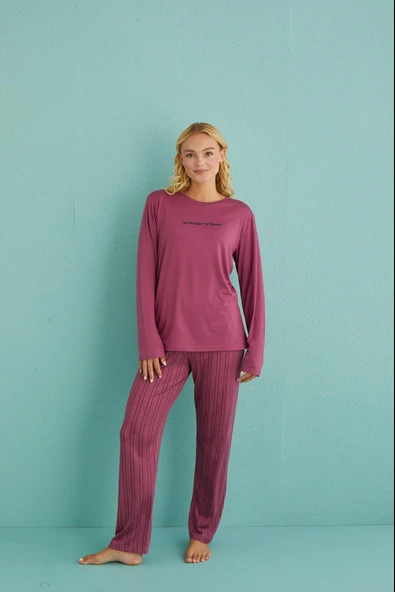 Gd Goldoremi 50902-40 Kadın Winter Vibes Milan Kumaş Uzun Kol Pijama Takımı - 2