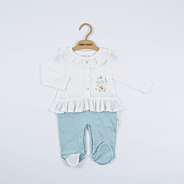 Çiçek Desenli Çıtçıtlı Alt Düğmeli Bebe Yaka Pamuklu Patikli Uzun Kollu Kışlık Kız Bebek Tulum - 3