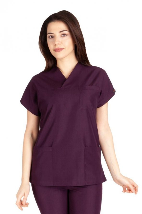 Kadın Doktor Hemşire Forması Scrubs Alpaka Kumaş Hastane Nöbet Tek Üst (Zarf Yaka Yarasa Kol) - 4