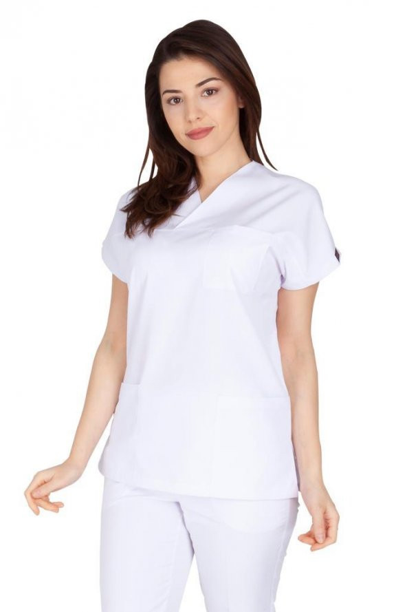 Kadın Doktor Hemşire Forması Scrubs Alpaka Kumaş Hastane Nöbet Tek Üst (Zarf Yaka Yarasa Kol) - 5