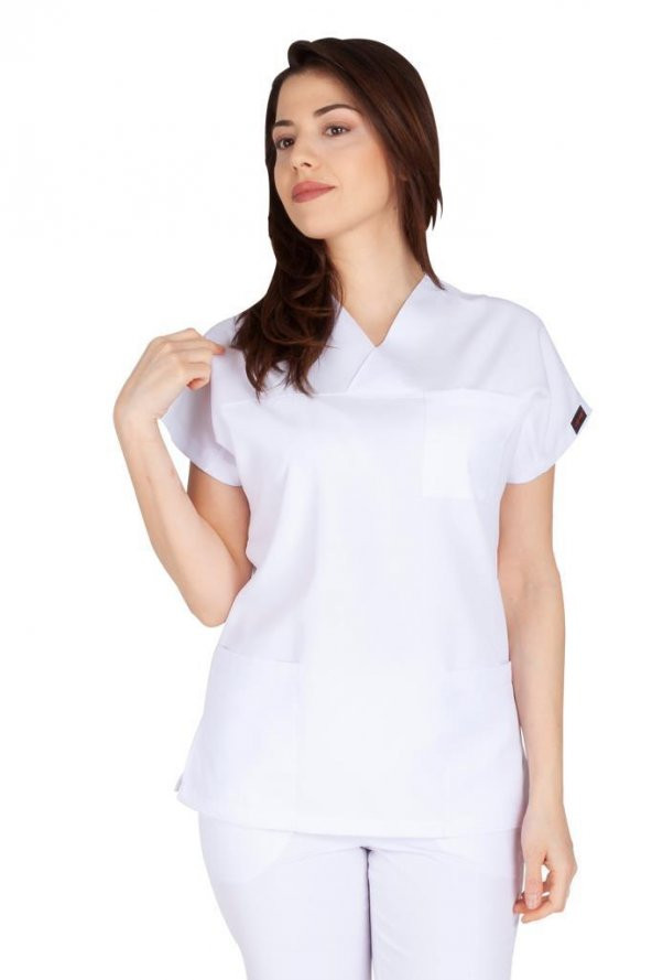 Kadın Doktor Hemşire Forması Scrubs Alpaka Kumaş Hastane Nöbet Tek Üst (Zarf Yaka Yarasa Kol) - 6