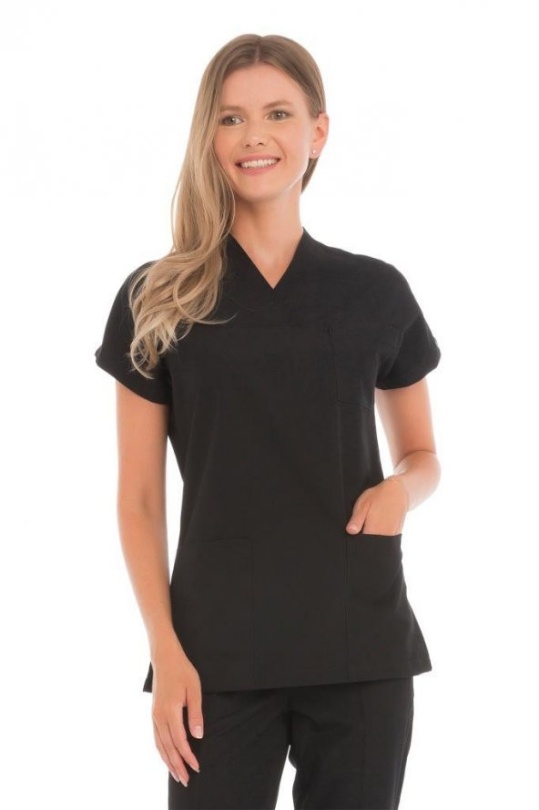 Kadın Doktor Hemşire Forması Scrubs Alpaka Kumaş Hastane Nöbet Tek Üst (Zarf Yaka Yarasa Kol) - 7