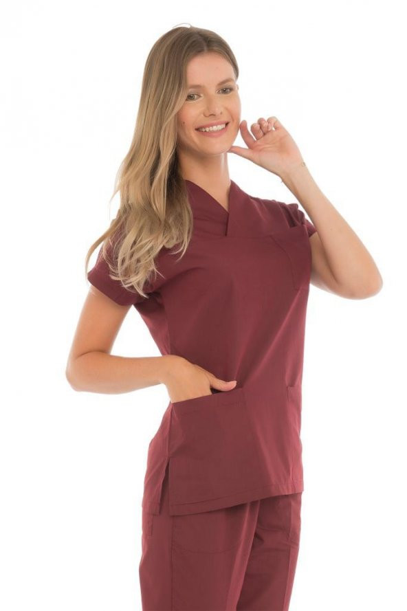 Kadın Doktor Hemşire Forması Scrubs Alpaka Kumaş Hastane Nöbet Tek Üst (Zarf Yaka Yarasa Kol) - 10