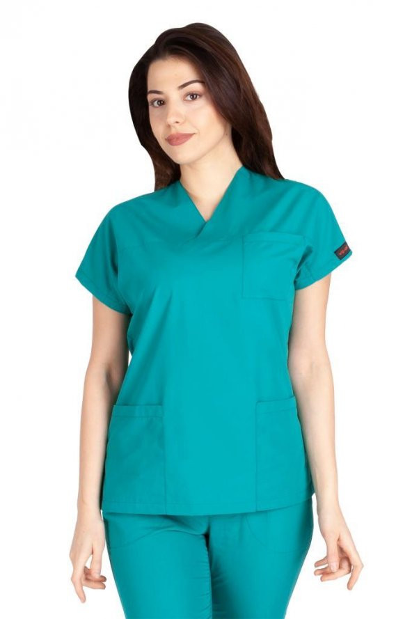 Kadın Doktor Hemşire Forması Scrubs Alpaka Kumaş Hastane Nöbet Tek Üst (Zarf Yaka Yarasa Kol) - 11