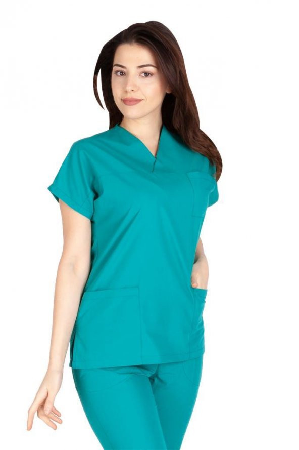 Kadın Doktor Hemşire Forması Scrubs Alpaka Kumaş Hastane Nöbet Tek Üst (Zarf Yaka Yarasa Kol) - 12