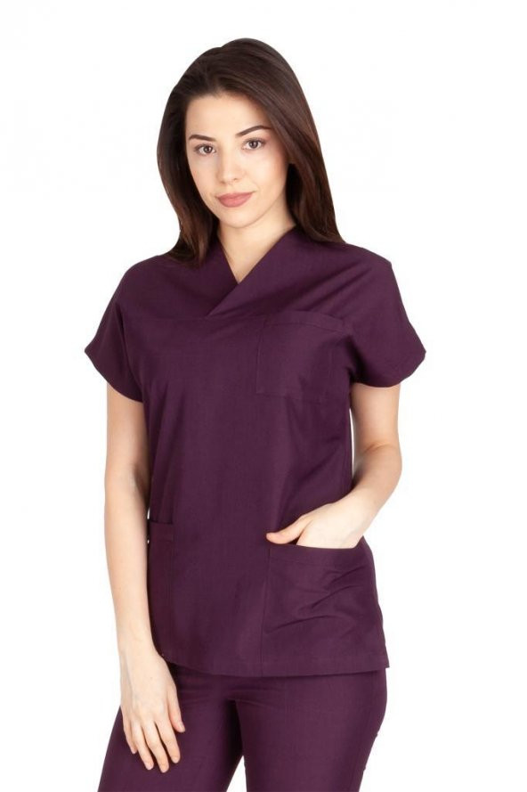 Kadın Doktor Hemşire Forması Scrubs Alpaka Kumaş Hastane Nöbet Tek Üst (Zarf Yaka Yarasa Kol) - 3