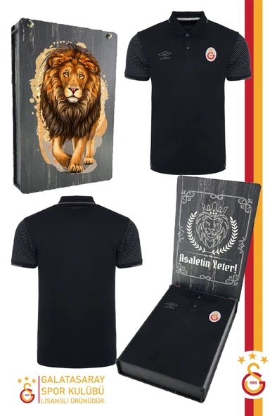 Galatasaray Orijinal Lisanslı Polo Yaka Siyah Spor T-Shirt Ahşap Kutulu
