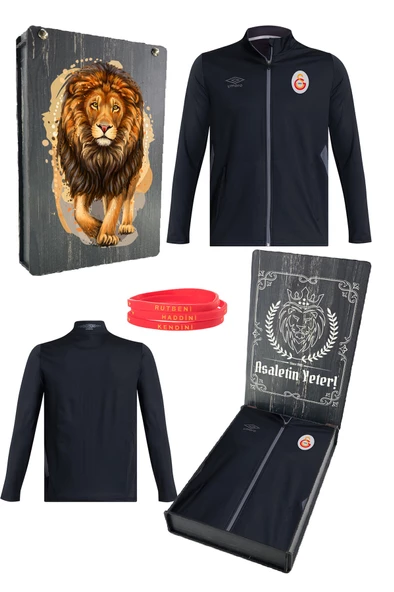 Galatasaray Orijinal Lisanslı Fermuarlı Dik Yaka Siyah Antrenman Sweat + Bileklik Set Ahşap Kutulu