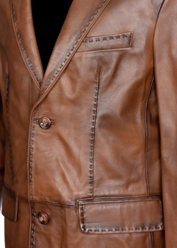 Punto Dikişli Taba Renk Deri Ceket - 5