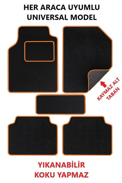 OTO MOTTO Universal Oto Halı Paspas Kaymaz Tabanlı Araba Paspası (Turuncu Kenarlı) 5 Parça - Resim 2
