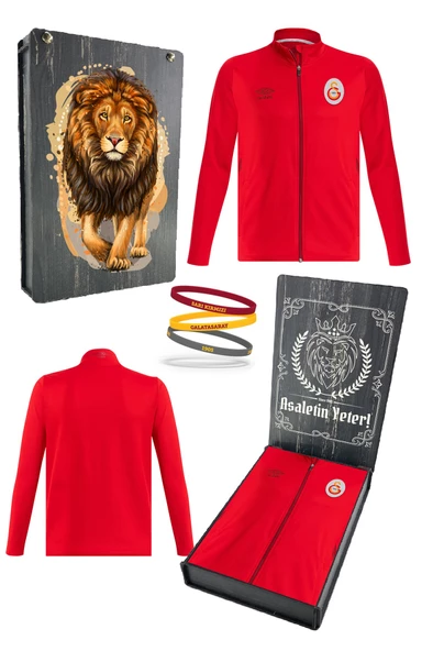 Galatasaray Orijinal Tam Fermuarlı Dik Yaka Kırmızı Antrenman Sweat + Bileklik Set Özel Ahşap Kutulu