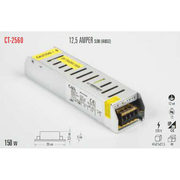 Cata CT-2560 12.5 Amper Slim Trafo 12 Volt 12.5A Metal Adaptör