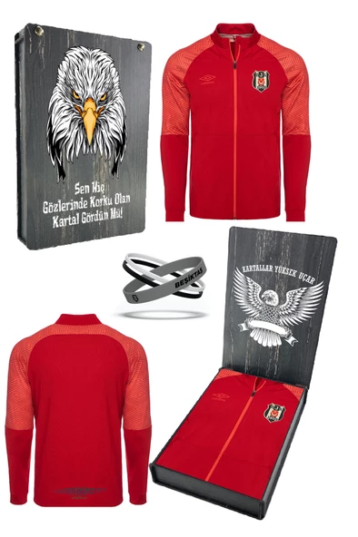 Beşiktaş Orijinal Fermuarlı Dik Yaka Cepli Kırmızı Antrenman Sweat + Bileklik Set Özel Ahşap Kutulu