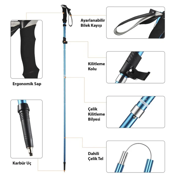 HyMark Trekking Hafif Katlanabilir 105-125cm Dağcı Doğa Kamp Yürüyüş Tırmanma Batonu - 5