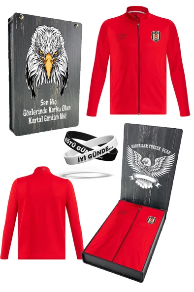 Beşiktaş Orijinal Lisanslı Tam Fermuarlı Dik Yaka Kırmızı Antrenman Sweat + Bileklik Set Özel Kutulu