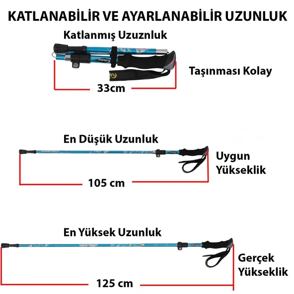 HyMark Trekking Hafif Katlanabilir 105-125cm Dağcı Doğa Kamp Yürüyüş Tırmanma Batonu - Resim 7