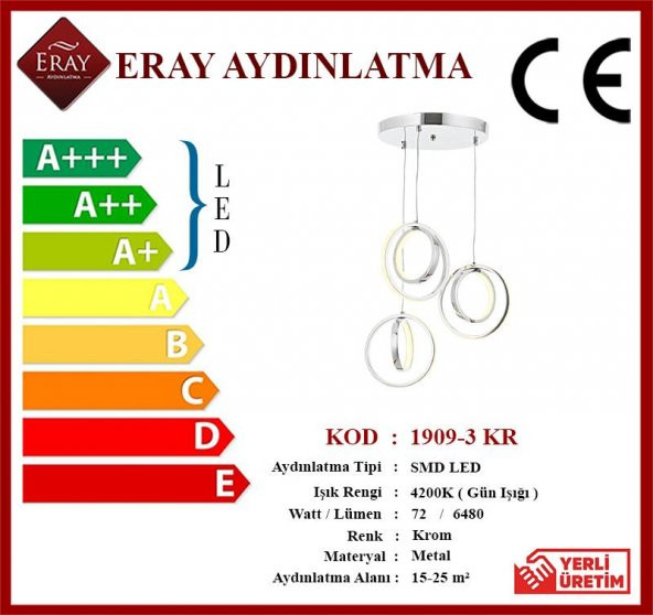 Eray Aydınlatma 1909-3 Krom 3 lü Led Avize - 4