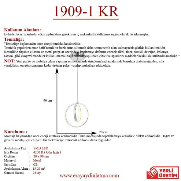 Eray Aydınlatma 1909-1 Krom Tekli Led Avize - 3