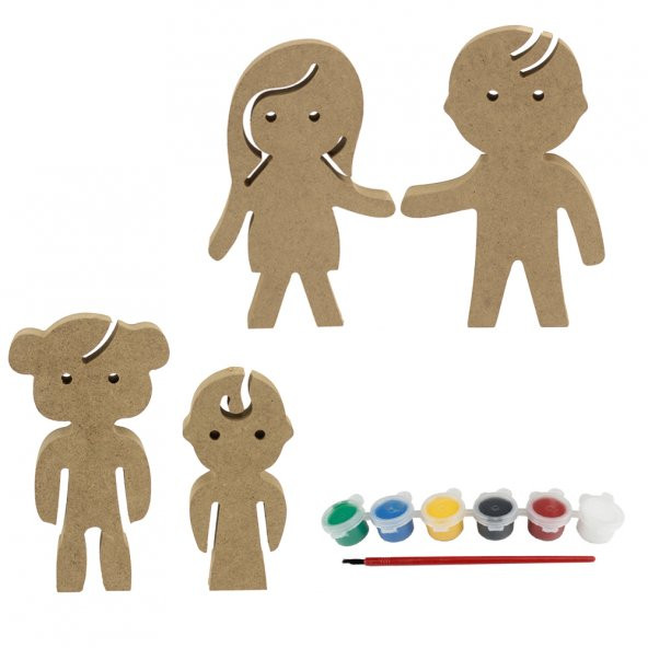 BS21 Ahşap Anne, Baba, Kız Çocuğu, Çocuk Boyama Seti - 1