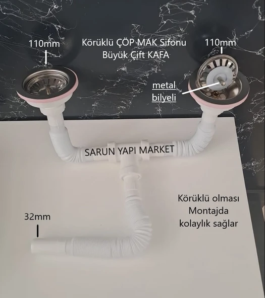 KÖRÜKLÜ SİFON LÜX ÇİFTLİ ÇÖP MAK ( METAL BİLYALI ) - SÜZGÜ Ø 110 mm - Ø 32 LİK ÇIKIŞLI - 3