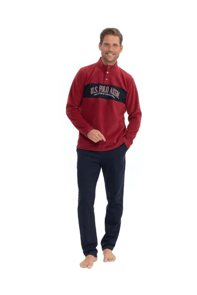 U.S. Polo Assn. Erkek Uzun Kollu Yakası Düğmeli Kışlık Pijama Takımı - 5