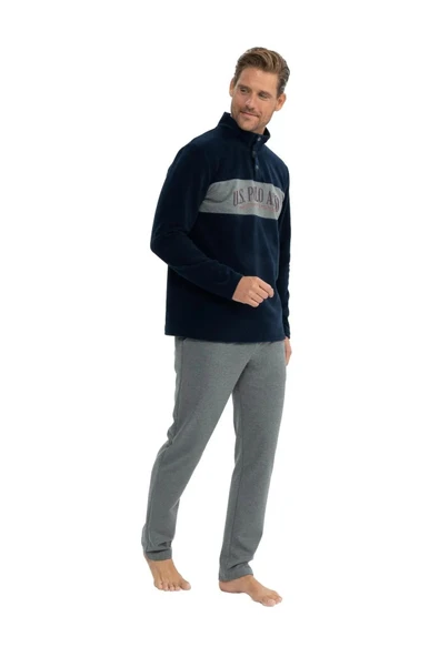 U.S. Polo Assn. Erkek Uzun Kollu Yakası Düğmeli Kışlık Pijama Takımı - 3