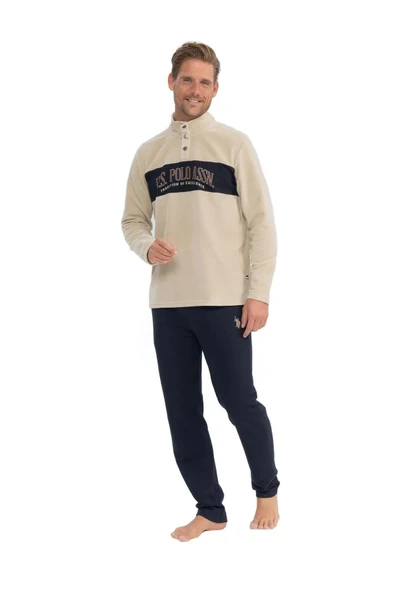 U.S. Polo Assn. Erkek Uzun Kollu Yakası Düğmeli Kışlık Pijama Takımı - 7