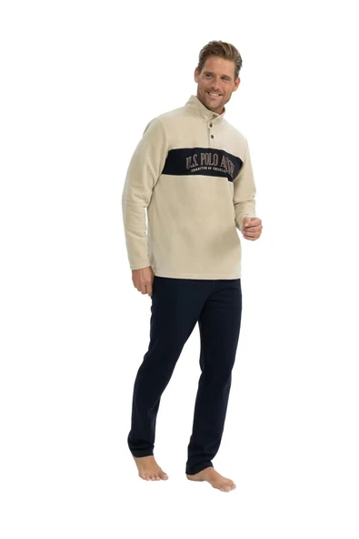 U.S. Polo Assn. Erkek Uzun Kollu Yakası Düğmeli Kışlık Pijama Takımı - 8
