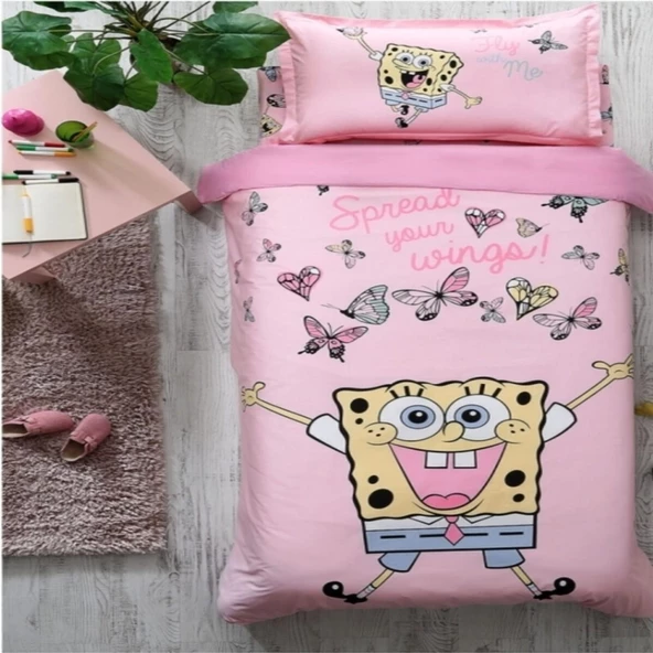 ÖZDİLEK NEVRESİM TAKIMI RANFORCE TEK KİŞİLİK PEMBE SPONGE BOB BUTTERFLY